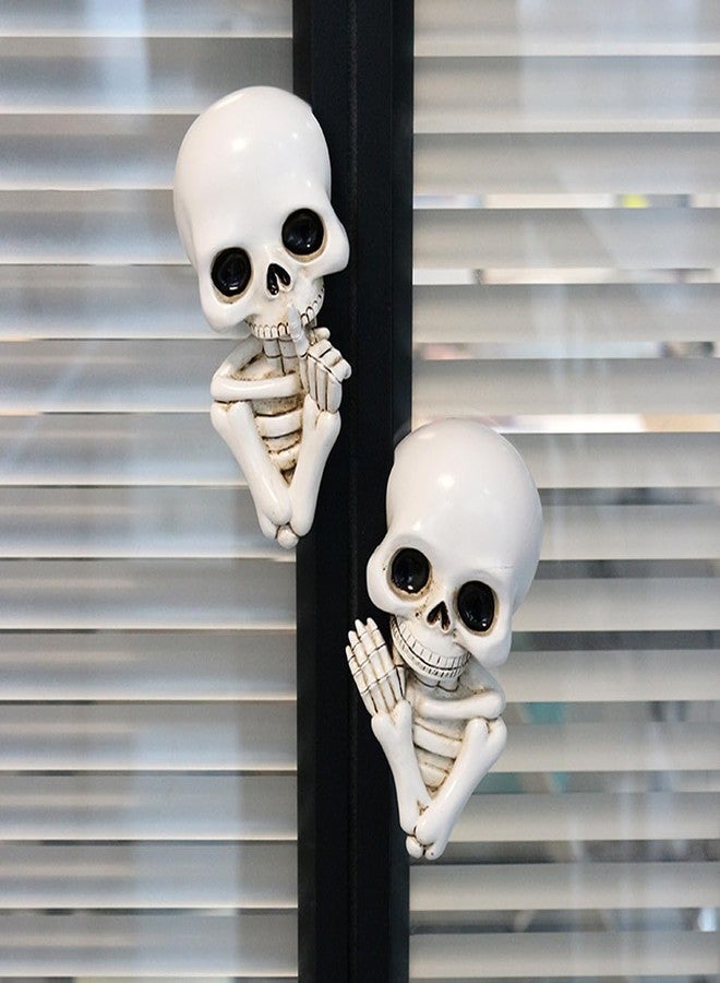 JARPSIRY Set of 2 Funny Keep Quiet Skeleton Statue Window Peeker Door Corner Decor, Horror Resin Skull Figurines Gothic Wall Sculpture Spooky Home Halloween Decorations - Image 3